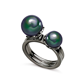 Grace Two Pieces Black Plated Dark Green Pearl Ring-